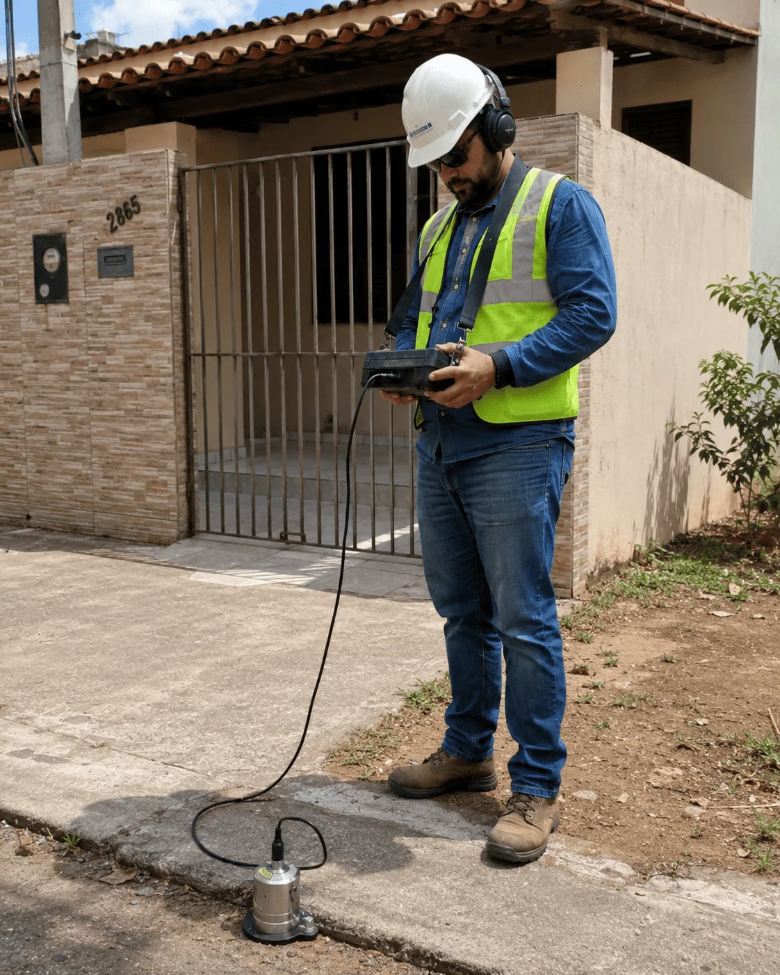 Técnico realizando caça vazamentos com geofonia em residência em Teresina
